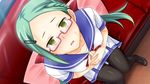  blush braid breasts club_d edajima_saki feet game_cg glasses green_eyes green_hair hair_ornament hairclip highres honda_naoki large_breasts legs long_hair looking_at_viewer open_mouth pantyhose pillow school_uniform shoes sitting staring thighs twintails 