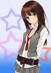  belt breasts brown_hair cleavage green_eyes idolmaster idolmaster_cinderella_girls long_hair mossan_(mossan-777) necktie rocking_school shibuya_rin small_breasts smile solo star 