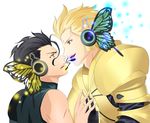  :d ahoge armor bare_shoulders black_hair blonde_hair bug butterfly butterfly_wings eye_contact fate/zero fate_(series) gilgamesh hair_slicked_back headphones highres insect katze_(776642) lancer_(fate/zero) looking_at_another magnet_(vocaloid) male_focus microphone mole mole_under_eye multiple_boys open_mouth orange_eyes parody pauldrons red_eyes smile vocaloid wings yaoi yellow_eyes 