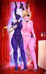  2015 abs animal_ears anthro anthrofied big_breasts blue_eyes blue_fur blush bow_tie breasts brown_hair collar cuff duo earth_pony equine eyelashes eyeshadow fan_character female fur grope hair hand_on_breast hand_on_hip high_heels horse hug looking_at_viewer makeup mammal my_little_pony navel necktie nipples nude pink_fur pony ponytail prosthetic_arm pussy rabbit_ears replica_(artist) robot_arm shoes smile teeth white_hair wine_glass yellow_eyes 