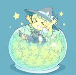  &gt;_&lt; :d \o/ arms_up bangs baron_(x5qgeh) blonde_hair blue_background bow bowl braid chibi closed_eyes hair_bow hat in_bowl in_container kirisame_marisa open_mouth outstretched_arms simple_background single_braid sitting smile solo star touhou witch_hat xd 