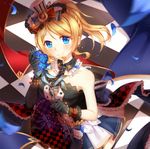  ayase_eli black_gloves blonde_hair blue_eyes cafe_maid checkered checkered_floor elbow_gloves gloves hat kan_(rainconan) looking_at_viewer love_live! love_live!_school_idol_project microphone microphone_stand skirt smile solo 