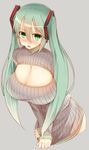  absurdres blush breasts cleavage cropped_legs embarrassed facominn green_eyes green_hair grey_background hair_between_eyes hatsune_miku headset highres huge_breasts leaning_forward long_hair long_sleeves looking_at_viewer meme_attire naked_sweater open-chest_sweater open_mouth ribbed_sweater shirt_tug simple_background solo sweat sweater turtleneck twintails v_arms vocaloid 