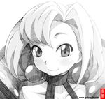  bare_shoulders blush closed_mouth collarbone earrings gofu greyscale jewelry junketsu_no_maria maria_(junketsu_no_maria) monochrome portrait short_hair sketch smile solo spot_color traditional_media watermark web_address 