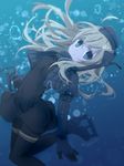  ahoge air_bubble arched_back artist_name blonde_hair blue_eyes bubble covered_navel cropped_jacket floating_hair hat highres kantai_collection long_hair pantyhose solo suzushiro_kurumi u-511_(kantai_collection) underwater uniform 