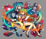  2girls :d absurdly_long_hair aqua_eyes aqua_hair bangs black_footwear black_skirt blonde_hair blush boots bracelet breasts cleavage commentary_request computer_tower detached_sleeves gradient_hair green_hair grey_background grey_shirt hair_between_eyes hand_on_headphones hatsune_miku headphones headphones_around_neck highres holding holding_paper jewelry leaning_on_object long_hair looking_at_another looking_at_viewer miniskirt multicolored_hair multiple_girls nou official_art open_mouth paper pleated_skirt pointing print_shirt record red_shirt sandals shirt short_shorts short_sleeves shorts shoulder_cutout shoumetsu_toshi_2 skirt smile speaker star star_print swivel_chair thigh_boots thighhighs tied_shirt twintails very_long_hair vocaloid watermark waveform white_shorts yellow_eyes 