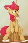  apple_bloom_(mlp) bow cub earth_pony equine female food friendship_is_magic hair horse mammal mcsadat my_little_pony open_mouth pancake plate pony sitting solo syrup tongue tongue_out young 