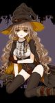  bangs belt_boots black_legwear boots buckle cape corset curly_hair frills gloves halloween hat highres kneeling light_brown_hair long_hair massuru original ribbon solo thighhighs very_long_hair witch witch_hat yellow_eyes 