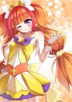  ;) amanogawa_kirara bad_id bad_pixiv_id bare_shoulders cure_twinkle earrings gloves go!_princess_precure hand_on_hip highres jewelry long_hair looking_at_viewer magical_girl multicolored_hair one_eye_closed orange_hair precure purple_eyes red_hair smile solo soramuko star star_earrings starry_background twintails two-tone_hair white_gloves 