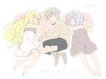  2girls aki_(neyuki41028) aldnoah.zero asseylum_vers_allusia barefoot blonde_hair closed_eyes dress highres jewelry lemrina_vers_envers long_hair multiple_girls open_mouth pants pendant pillow purple_hair short_hair siblings silver_hair sisters slaine_troyard sleeping socks younger 