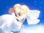  1girl aki_(neyuki41028) aldnoah.zero asseylum_vers_allusia blonde_hair blush bouquet bride carrying closed_eyes dress flower green_eyes groom highres jewelry long_hair open_mouth pendant princess_carry red_flower red_rose rose short_hair silver_hair slaine_troyard smile tears wedding 