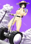  1girl areolae bag black_hair blue_eyes blush breasts censored cloud clouds cup drinking drinking_straw exhibitionism hat highres huge_breasts komiya_kanami legs looking_at_viewer mole mosaic_censoring navel nipples nude original pose pubic_hair pussy roshutsu_daisuki!_2 ryoushun segway short_hair sky solo standing sweat thighs wheels 