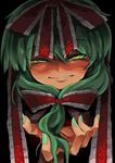  bow frills front_ponytail green_eyes green_hair grin hair_bow hair_ribbon harusame_(unmei_no_ikasumi) kagiyama_hina ribbon sketch smile solo touhou 