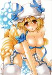  absurdres animal_ears arm_ribbon blonde_hair blush bow bra breasts brown_eyes fox_ears fox_tail garter_straps hat hat_ribbon highres kneeling large_breasts lingerie looking_at_viewer marker_(medium) midriff mob_cap multiple_tails open_mouth panties ribbon short_hair simple_background solo tail thighhighs touhou traditional_media underwear underwear_only white_legwear yakumo_ran yurun 