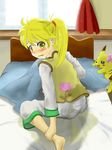 1girl barefoot bed bedwetting blanket blonde_hair blush peeing peeing_self pikachu pokemon ponytail solo yellow_(pokemon) 
