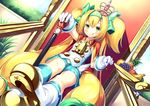  :q apple banana bell blazblue blonde_hair cape cherry crown dutch_angle food fruit grapes green_eyes gurasion_(gurasion) hairband holding long_hair looking_at_viewer mini_crown orange pineapple platinum_the_trinity scepter sitting smile solo staff throne tongue tongue_out two_side_up 