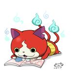  animal_ears blue_fire blue_skirt book cat cat_ears crossdressing fangs fire full_body green_eyes haramaki heart inazuma_eleven_(series) inazuma_eleven_go jibanyan kirino_ranmaru long_hair lying male_focus mizuhara_aki multiple_tails no_humans notched_ear on_stomach one_eye_closed open_mouth otoko_no_ko pink_hair reading simple_background skirt solo tail tail-tip_fire twintails two_tails white_background youkai youkai_watch 