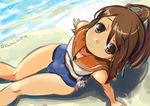  beach blue_swimsuit brown_eyes brown_hair hair_ornament i-401_(kantai_collection) kantai_collection kurono_tokage long_hair looking_at_viewer one-piece_swimsuit open_mouth ponytail sitting solo swimsuit 