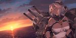  bare_shoulders blew_andwhite breasts budget_sarashi cannon cloud comic glasses hair_ornament kantai_collection large_breasts musashi_(kantai_collection) open_mouth pink_eyes sarashi silver_hair sky smile solo sunset 