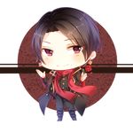  boots brown_hair chibi earrings flower full_body jewelry kan_(rainconan) kashuu_kiyomitsu long_hair looking_at_viewer male_focus mole mole_under_mouth ponytail red_eyes red_scarf rose scarf simple_background smile solo standing touken_ranbu unmoving_pattern white_background 