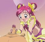  1boy 1girl animated animated_gif cure_dream ekikon_kenkyuukai exotic_condenser handjob magical_girl midriff penis penis_awe pink_hair precure uncensored yes!_precure_5 yumehara_nozomi 