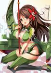  amagi_(kantai_collection) breasts brown_eyes brown_hair flower hair_flower hair_ornament highres kantai_collection large_breasts long_hair mole mole_under_eye polearm smile solo vin weapon 