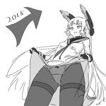  2015 :d bad_id bad_pixiv_id black_legwear bow bow_panties directional_arrow dress dress_lift drum_(acta2436) fingerless_gloves gloves greyscale hair_ribbon headgear highres kantai_collection long_hair long_sleeves monochrome murakumo_(kantai_collection) open_mouth panties panties_under_pantyhose pantyhose ribbon sailor_dress simple_background smile solo thighband_pantyhose underwear very_long_hair white_background 