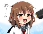  blush brown_eyes brown_hair food hair_ornament hairclip ikazuchi_(kantai_collection) kantai_collection makizushi neckerchief open_mouth oshiruko_(uminekotei) red_neckwear school_uniform serafuku sexually_suggestive smile solo sushi translated upper_body 