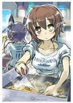  alcohol beer brown_eyes brown_hair cup furutaka_(kantai_collection) glowing glowing_eyes hair_ornament heterochromia kantai_collection kurono_tokage looking_at_viewer mug multiple_girls short_hair sleeves_rolled_up spatula stove tenryuu_(kantai_collection) translated yellow_eyes 