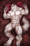  abs anthro bed canine claws digitigrade fur hi_res istani looking_at_viewer lying male mammal muscles nude on_back on_bed pawpads paws pillow pubes red_eyes solo white_fur wolf 