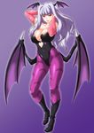  animal_print arms_up bat_print bat_wings boots breasts bridal_gauntlets cosplay head_wings heart_cutout idolmaster idolmaster_(classic) large_breasts leotard long_hair morrigan_aensland morrigan_aensland_(cosplay) pantyhose print_legwear purple_wings red_eyes shijou_takane shouji_nigou silver_hair solo vampire_(game) wings 