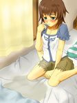  1girl barefoot bedwetting blush brown_hair copyright_request green_eyes peeing short_hair solo tears 