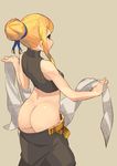  agrias_oaks ass bare_shoulders blonde_hair brown_eyes crop_top dancer_(fft) fgz final_fantasy final_fantasy_tactics from_behind hair_bun hair_ribbon highres looking_away pants_pull ribbon shawl sidelocks simple_background sleeveless solo standing turtleneck 