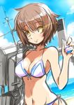  bare_shoulders bikini brown_hair furutaka_(kantai_collection) glowing glowing_eyes kantai_collection kurono_tokage machinery navel ocean short_hair smile solo swimsuit upper_body water yellow_eyes 