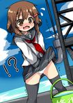  1girl @_@ black_legwear blush brown_eyes brown_hair bucket hair_ornament hairclip hook ikazuchi_(kantai_collection) kantai_collection neckerchief oshiruko_(uminekotei) panties red_neckwear school_uniform serafuku skirt skirt_lift solo thighhighs translated underwear white_panties 