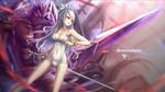 breasts cleavage demon_slayer_(dungeon_and_fighter) dungeon_and_fighter female_slayer_(dungeon_and_fighter) long_hair medium_breasts red_eyes see-through silver_hair solo sword wangchuan_de_quanyan weapon 