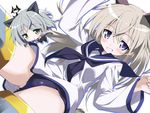  animal_ears aqua_eyes bad_id bad_pixiv_id blonde_hair blue_eyes cat_ears cat_tail chibi cosplay dog_ears dog_tail eila_ilmatar_juutilainen fangs grin highres looking_at_viewer military military_uniform miyafuji_yoshika miyafuji_yoshika_(cosplay) multiple_girls object_on_head open_mouth panties panties_on_head pantyhose sanya_v_litvyak school_swimsuit silhouette_demon silver_hair smile strike_witches striker_unit swimsuit swimsuit_under_clothes tail take_shinobu underwear uniform world_witches_series 