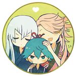  aqua_hair ayu_(mog) bad_id bad_pixiv_id blue_hair blush green_background green_eyes hair_over_one_eye heart japanese_clothes kousetsu_samonji long_hair looking_at_viewer lowres male_focus multiple_boys open_mouth pink_hair round_image sayo_samonji simple_background souza_samonji touken_ranbu upper_body white_background 