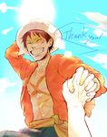  1boy eyes_closed hand_holding hand_on_hat hand_on_headwear hat highres male male_focus monkey_d_luffy one_piece open_shirt scar shirt smile solo straw_hat 