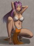  anklet armpits arms_behind_head bracelet breasts choker circlet cleavage dark_skin dragon_quest dragon_quest_iv highres jewelry large_breasts loincloth long_hair manya midriff navel ookami_ryousuke pelvic_curtain purple_hair sandals shadow smile solo squatting thigh_strap 