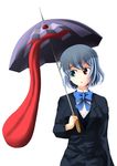  bad_id bad_pixiv_id blue_eyes blue_hair bow bowtie formal heterochromia ice_(doragon) karakasa_obake purple_umbrella red_eyes short_hair solo suit tatara_kogasa tongue touhou umbrella 