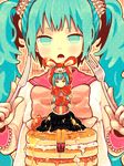  animal_ears animal_hat aqua_eyes aqua_hair asahi_(pamuko) bonnet bunny_ears food fork hat hatsune_miku honey in_food knife long_hair lots_of_laugh_(vocaloid) minigirl multiple_girls pancake syrup twintails vocaloid 