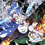  blue_eyes blue_hair bow brown_hair cirno crystal_sword ice long_hair multiple_girls nikka_(cryptomeria) red_eyes reiuji_utsuho short_hair split_screen sword touhou weapon wings 