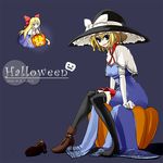  2008 alice_margatroid bad_id bad_pixiv_id blonde_hair blue_background blue_eyes dated doll dot_r elbow_gloves gloves hairband halloween hat jack-o'-lantern long_hair pumpkin shanghai_doll shoes short_hair single_shoe solo thighhighs touhou witch_hat 