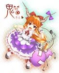  &gt;_&lt; :d bad_id bad_pixiv_id bow chain closed_eyes fang gourd hair_bow halftone halftone_background highres horns ibuki_suika long_hair open_mouth orange_hair red_eyes ren_san smile solo touhou xd 