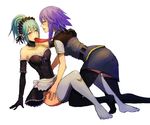  belt blue_eyes blue_hair breasts cleavage demon_girl elbow_gloves feet gloves kurono_kurumu medium_breasts mouth_hold multiple_girls pencil_skirt purple_eyes purple_hair rosario+vampire shirayuki_mizore short_hair skirt succubus swordance thighhighs yuri zettai_ryouiki 