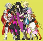  4boys alexei_dinoia armor bad_id bad_pixiv_id black_eyes black_hair blonde_hair boots brown_hair estellise_sidos_heurassein flynn_scifo goggles green_eyes grey_footwear hug knee_boots long_hair multiple_boys multiple_girls pink_hair raven_(tales) red_eyes rita_mordio short_hair silver_hair smile tales_of_(series) tales_of_vesperia thighhighs tomita yuri_lowell 