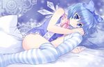  adapted_costume bad_id bad_pixiv_id blue blue_eyes blue_hair bow choker cirno looking_at_viewer lying nightgown on_side pico_(picollector79) ribbon ribbon_choker short_hair solo striped striped_legwear thighhighs touhou 
