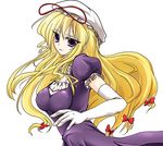  blonde_hair bow dot_r dress elbow_gloves gloves hair_bow hat hat_ribbon long_hair mob_cap purple_dress purple_eyes red_bow ribbon simple_background solo touhou white_background white_gloves yakumo_yukari 