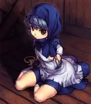  :&gt; blue_hair bracelet brown_eyes hood jewelry kumoi_ichirin misti short_hair sitting solo tears torn_clothes touhou wooden_floor yokozuwari 